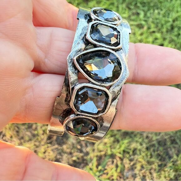 STATEMENT SILVER CUFF BRACELET LARGE FACETED SMOKY CRYSTALS –WOMEN’S BOLD DESIGN - Picture 11 of 17